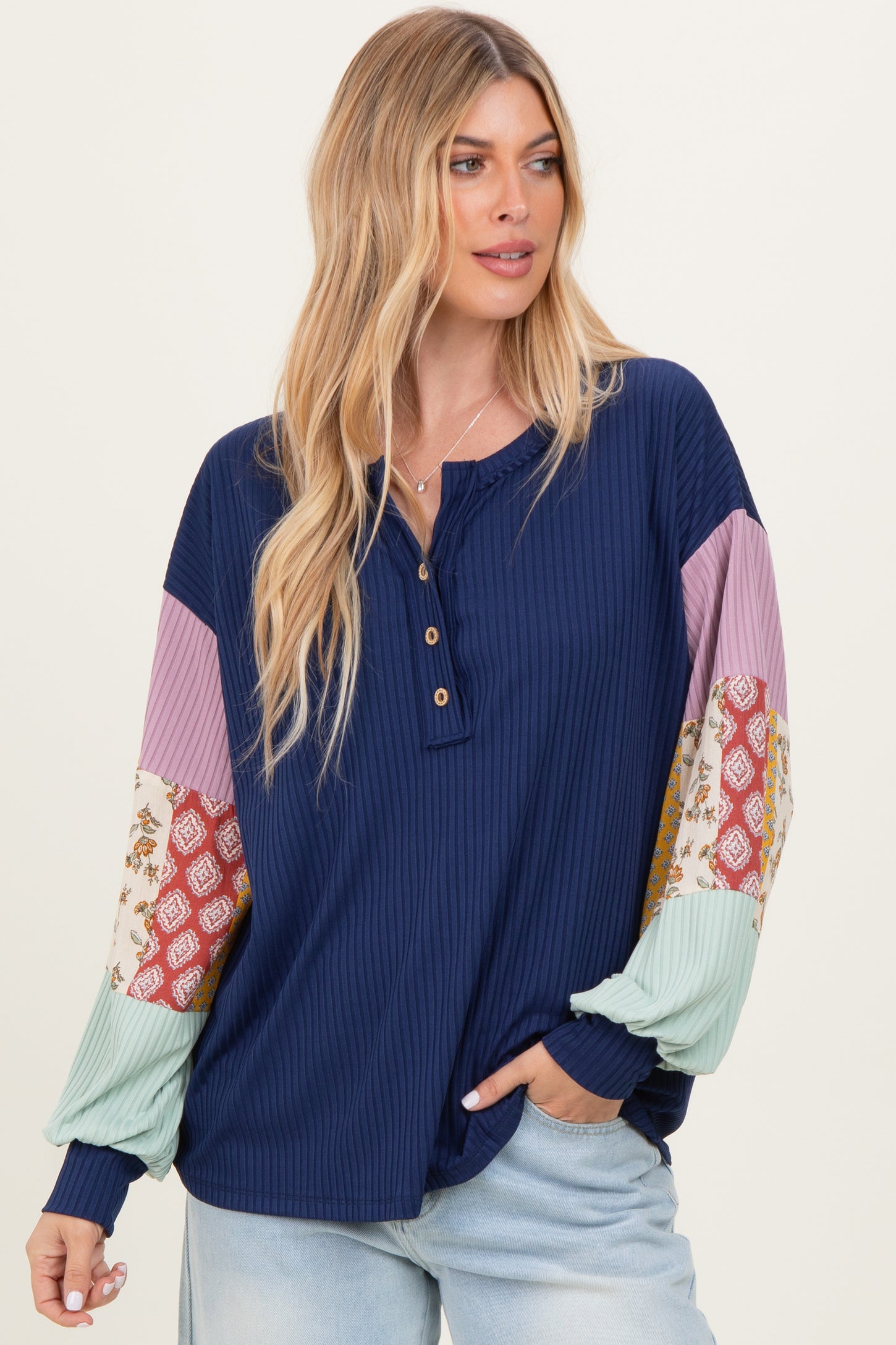 Navy Ribbed Long Sleeve Colorblock Top