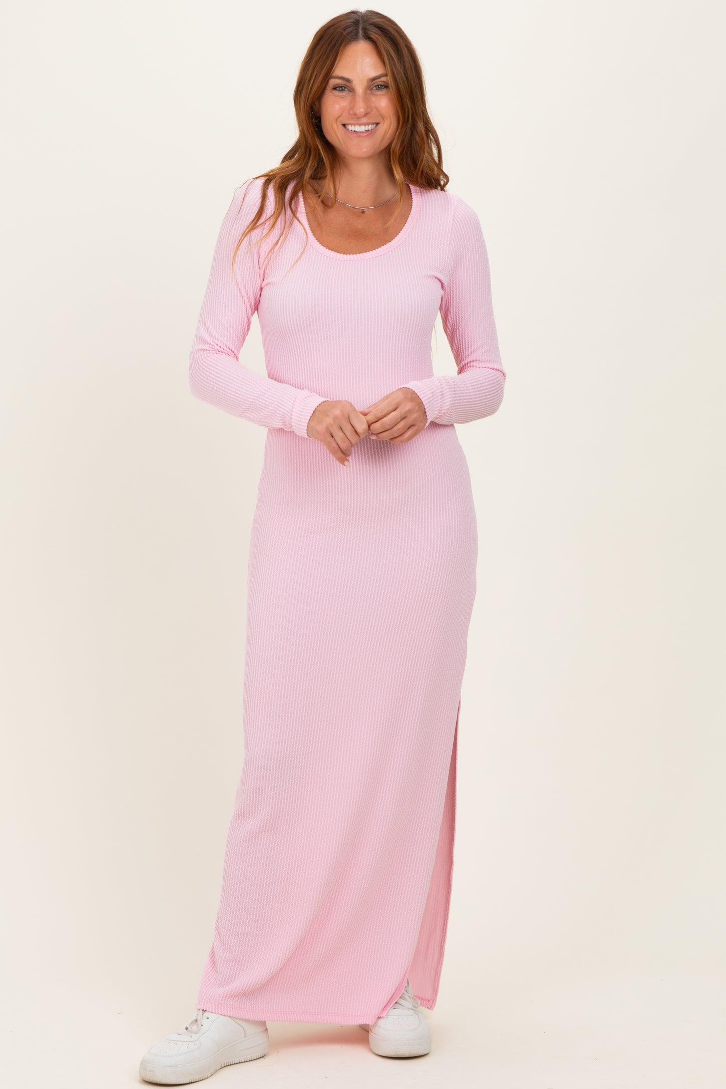Light Pink Ribbed Long Sleeve Side Slit Maxi Dress