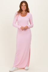 Light Pink Ribbed Long Sleeve Side Slit Maternity Maxi Dress