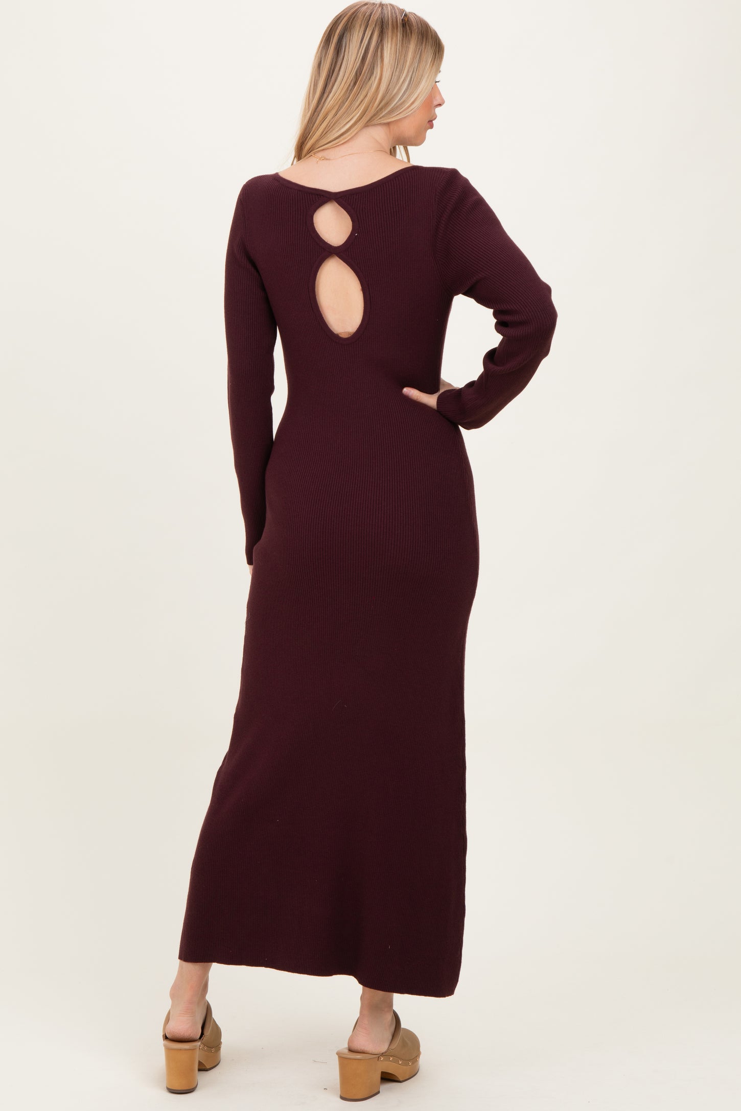 Plum Rib Knit Back Cutout Midi Dress