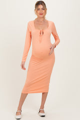 Salmon Ribbed Long Sleeve Squareneck Fitted Maternity Midi Dress