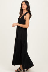 Black Shoulder Tie Ribbed Tiered Maxi Dress