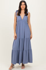 Blue Shoulder Tie Ribbed Tiered Maternity Maxi Dress