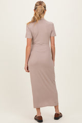 Mocha Ribbed Mock Neck Short Sleeve Maternity Midi Dress