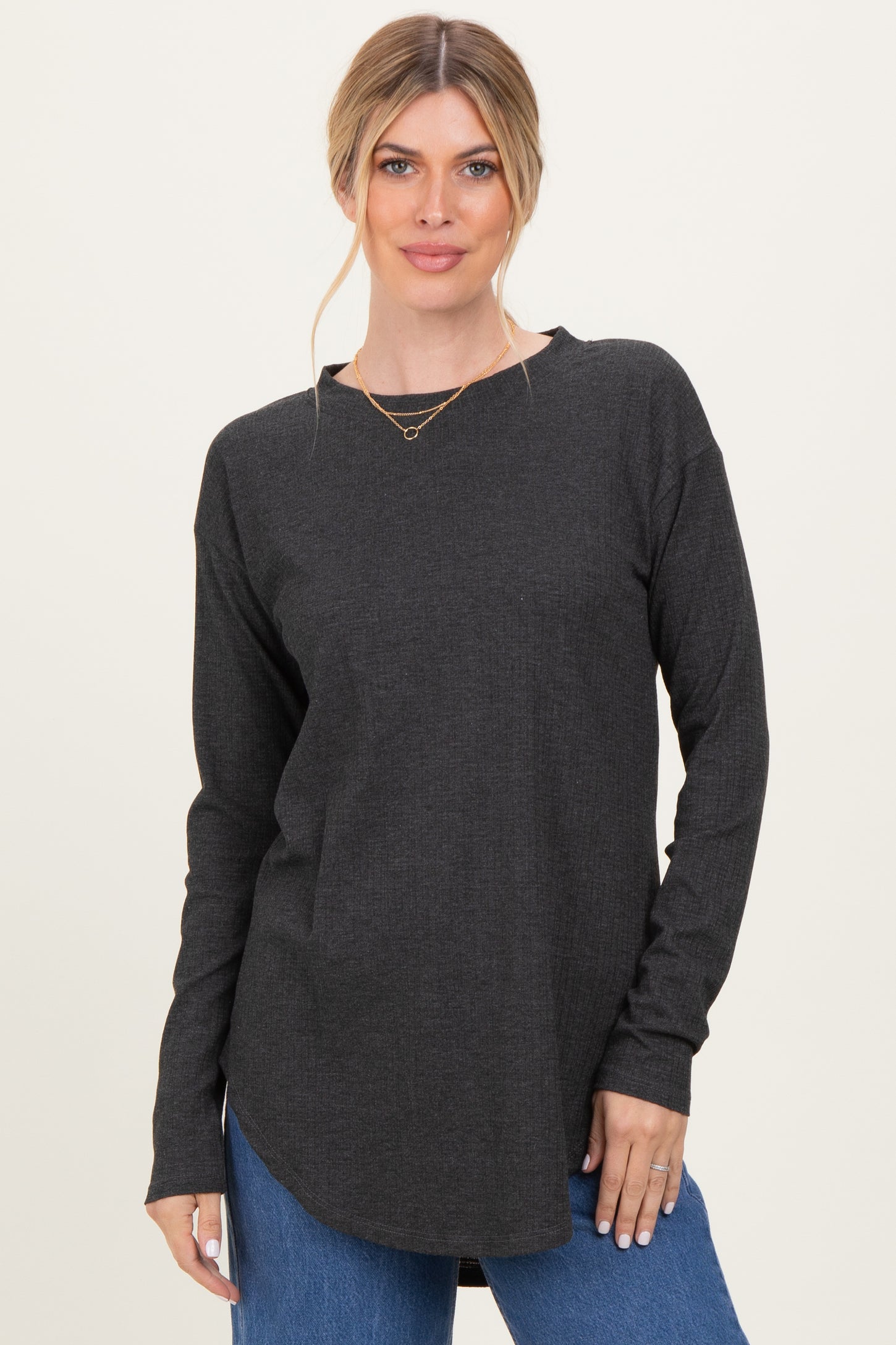 Charcoal Long Sleeve Round Hem Textured Maternity Top