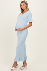 Sky Ribbed Knit Bow Back Ruffle Accent Maternity Dress