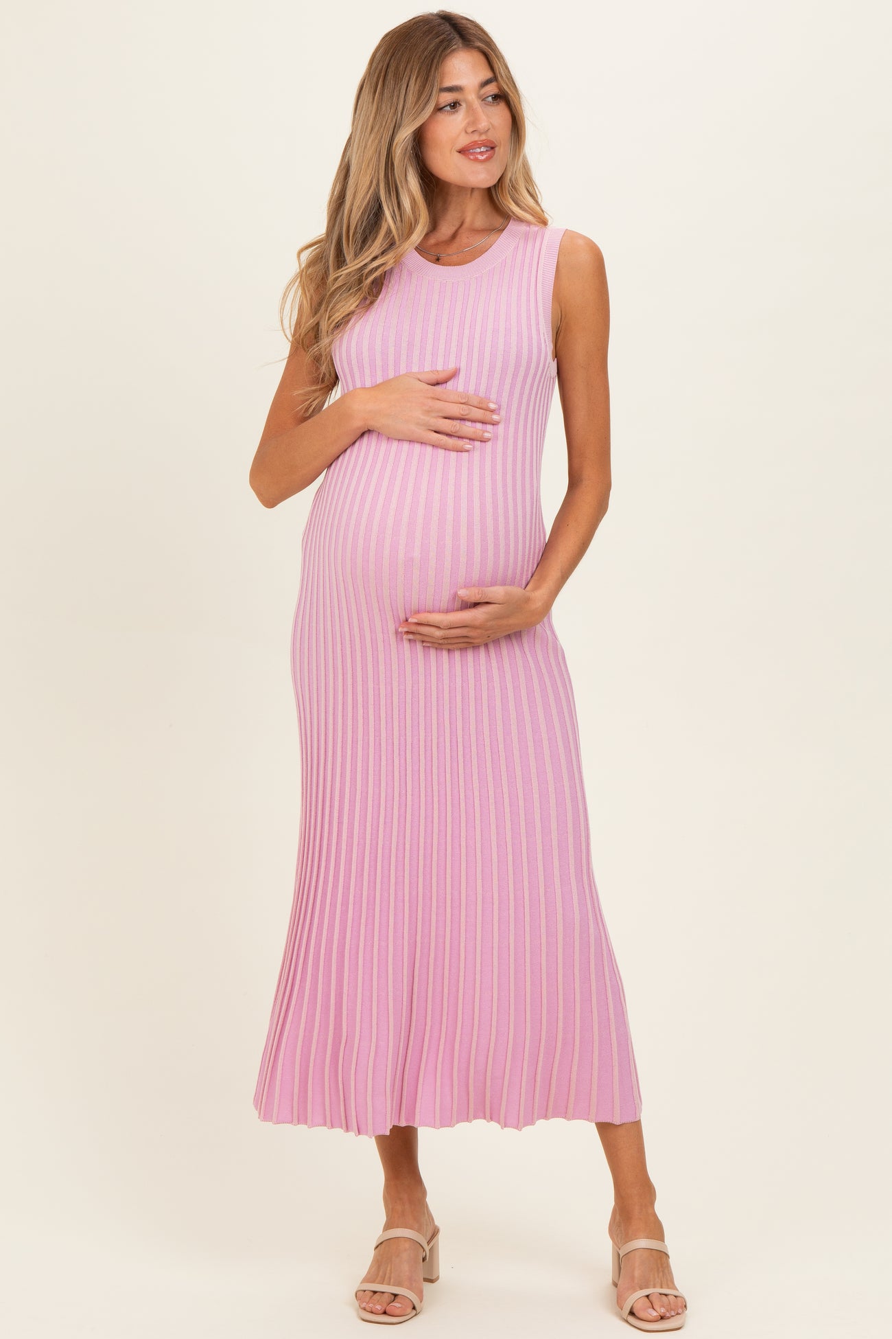 Pink Ribbed Knit Sleeveless Maternity Maxi Dress