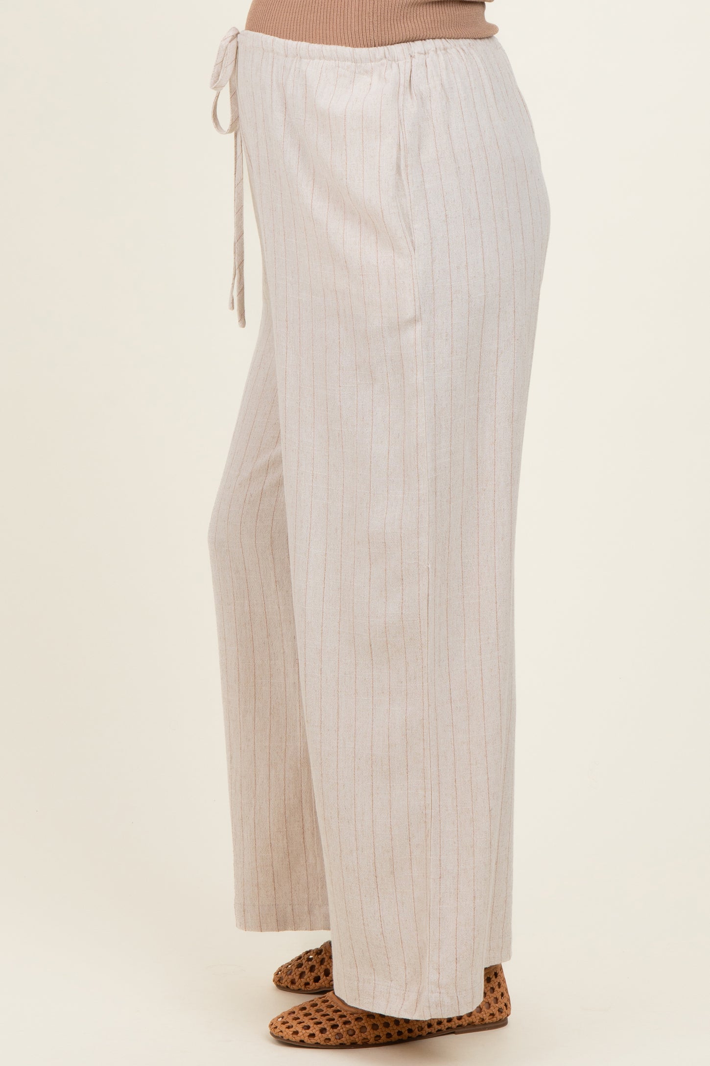 Oatmeal Pinstripe Drawstring Maternity Linen Pants
