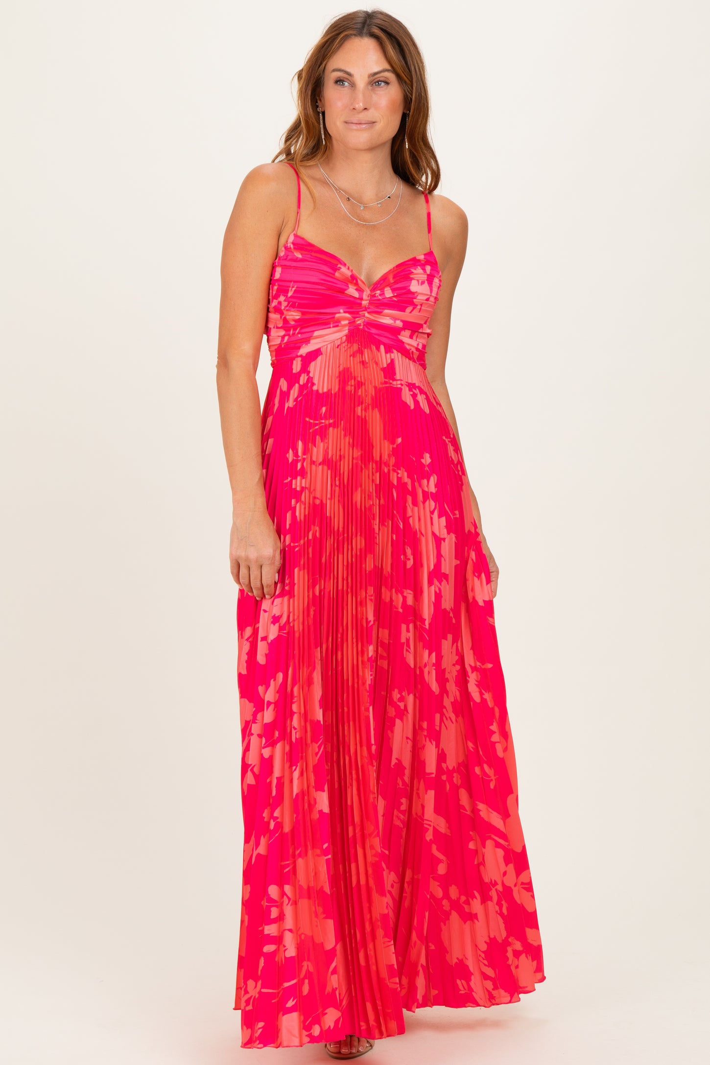 Fuchsia Floral Pleated Satin Maternity Maxi Dress