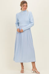 Light Blue Knit Contrast Top Satin Maternity Midi Dress