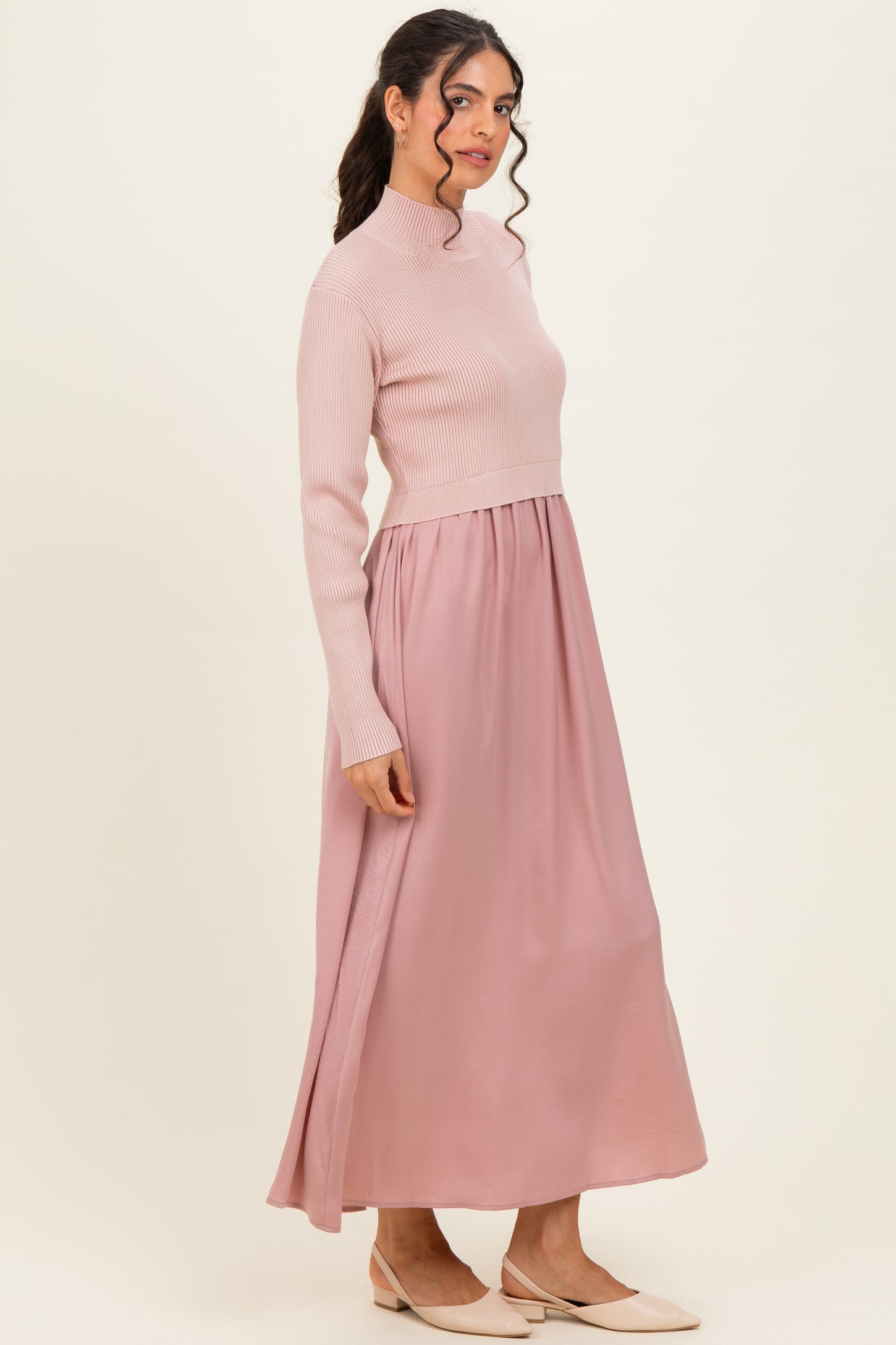 Mauve Knit Contrast Top Satin Midi Dress