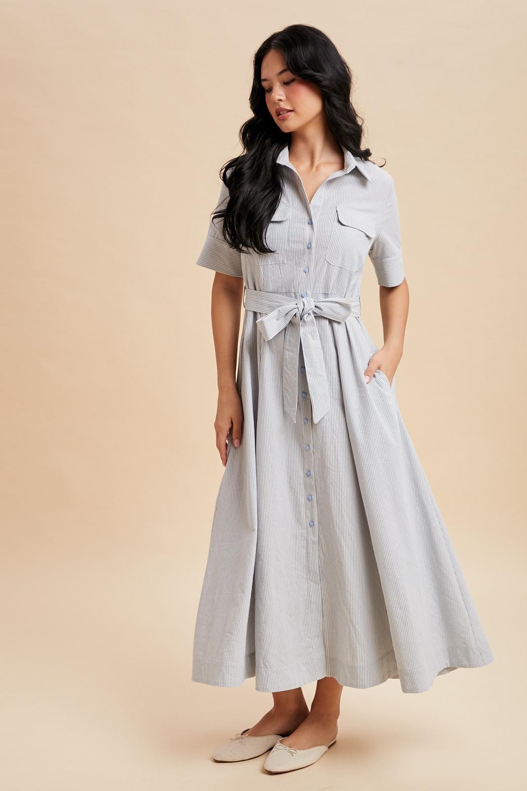 Light Blue Striped Cotton Button Down Maxi Dress