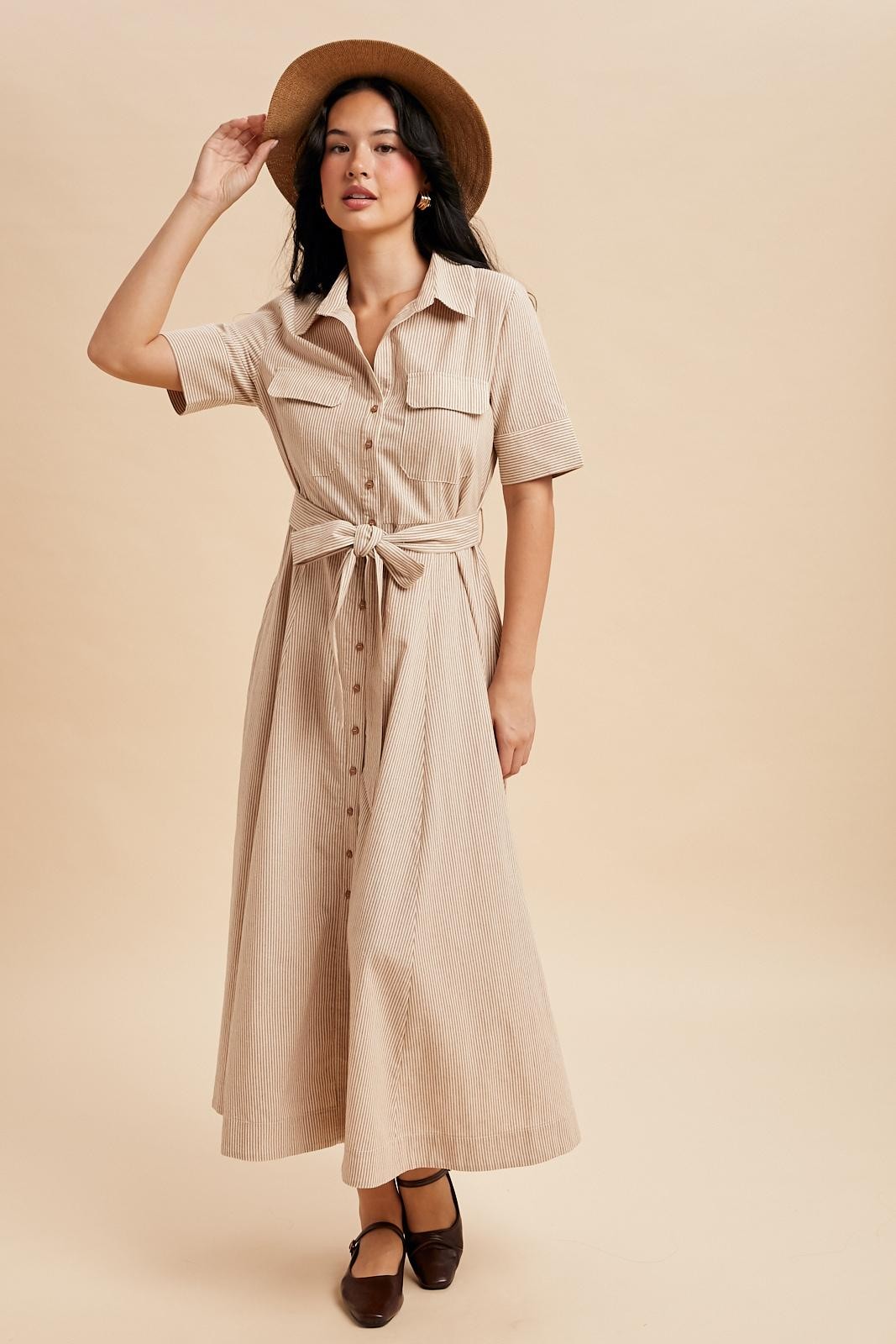 Beige Striped Cotton Button Down Maxi Dress