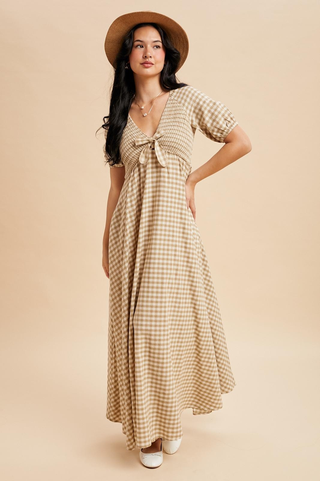 Beige Smocked Gingham Maxi Dress