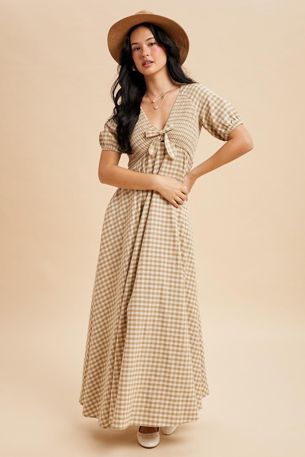 Beige Smocked Gingham Maxi Dress
