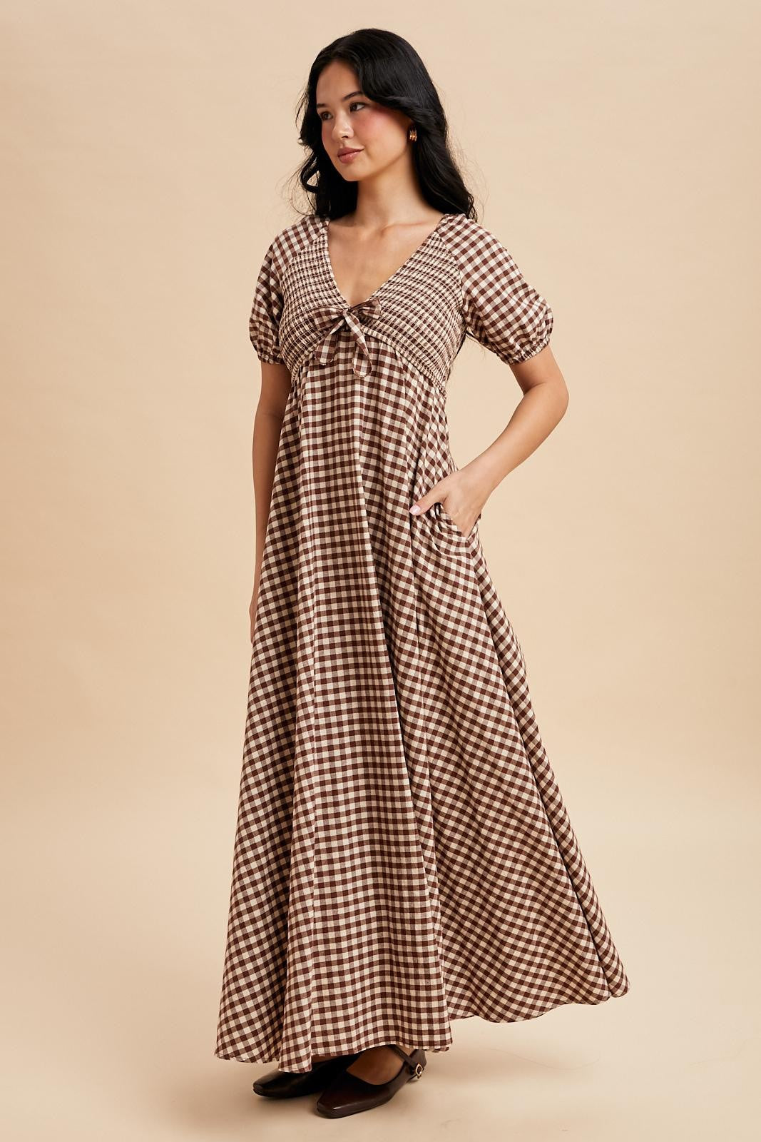 Mocha Smocked Gingham Maxi Dress