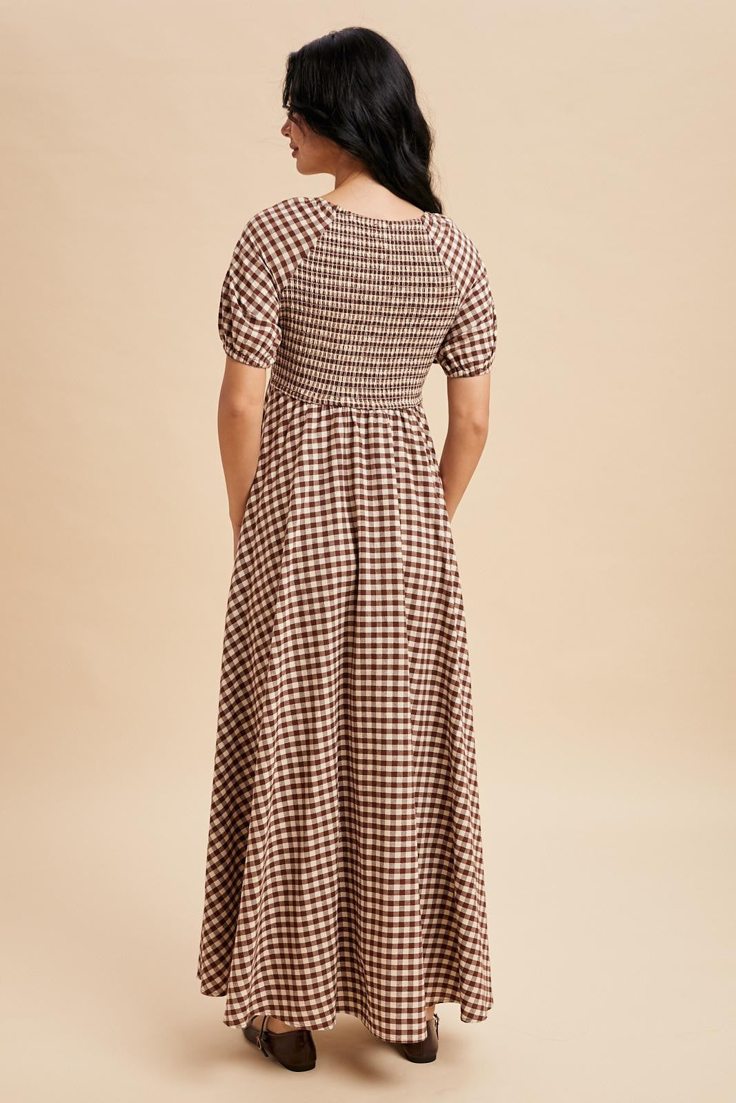 Mocha Smocked Gingham Maxi Dress
