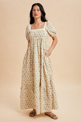 Creme Floral Cotton Puff Sleeve Maxi Dress