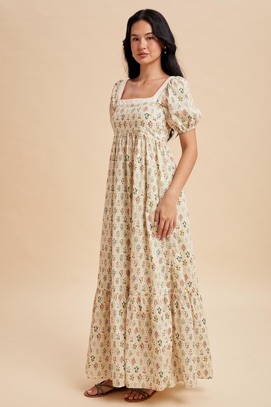 Creme Floral Cotton Puff Sleeve Maxi Dress