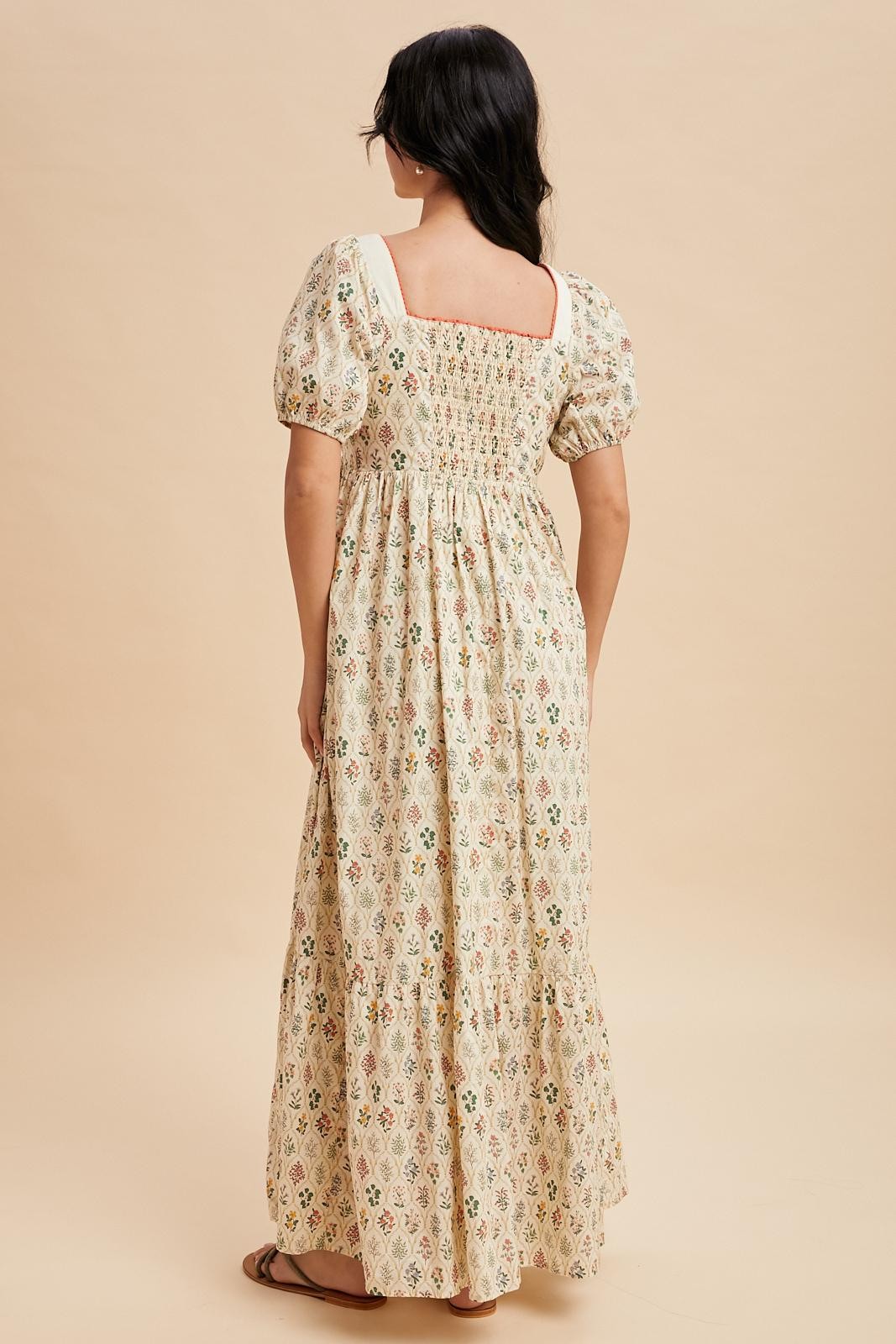 Creme Floral Cotton Puff Sleeve Maxi Dress