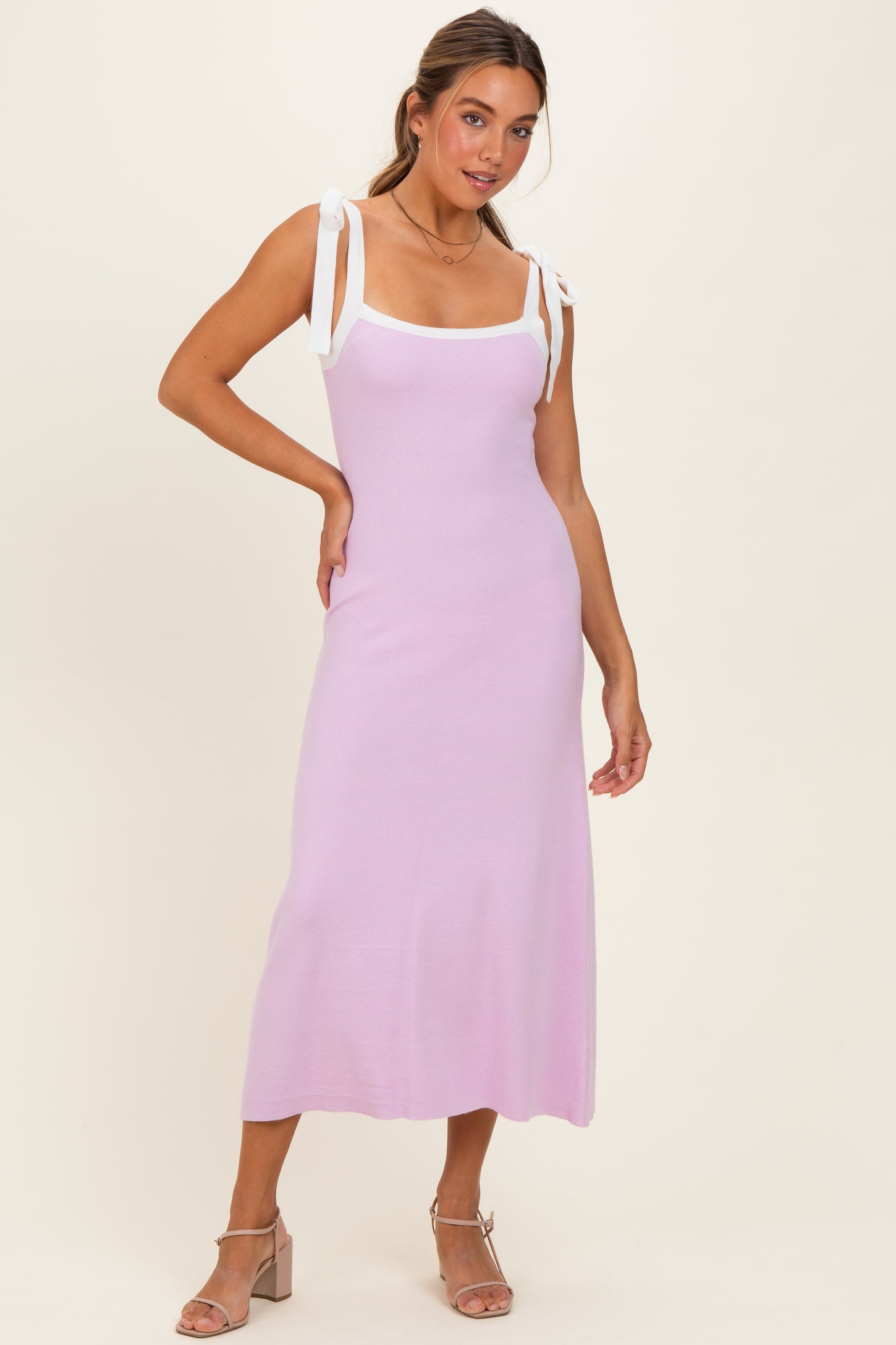 Pink  Knit Contrast Shoulder Tie Dress
