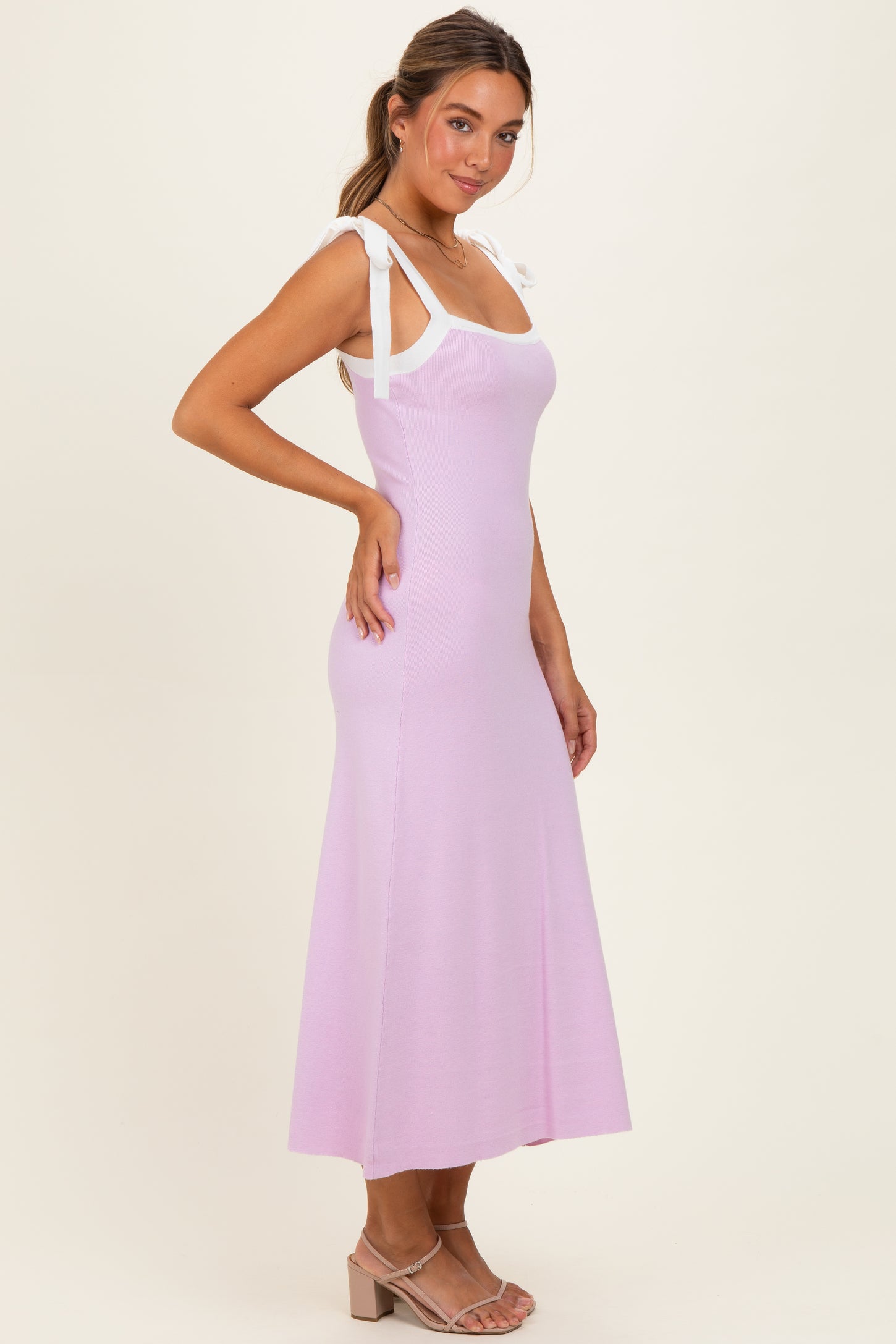 Pink  Knit Contrast Shoulder Tie Dress