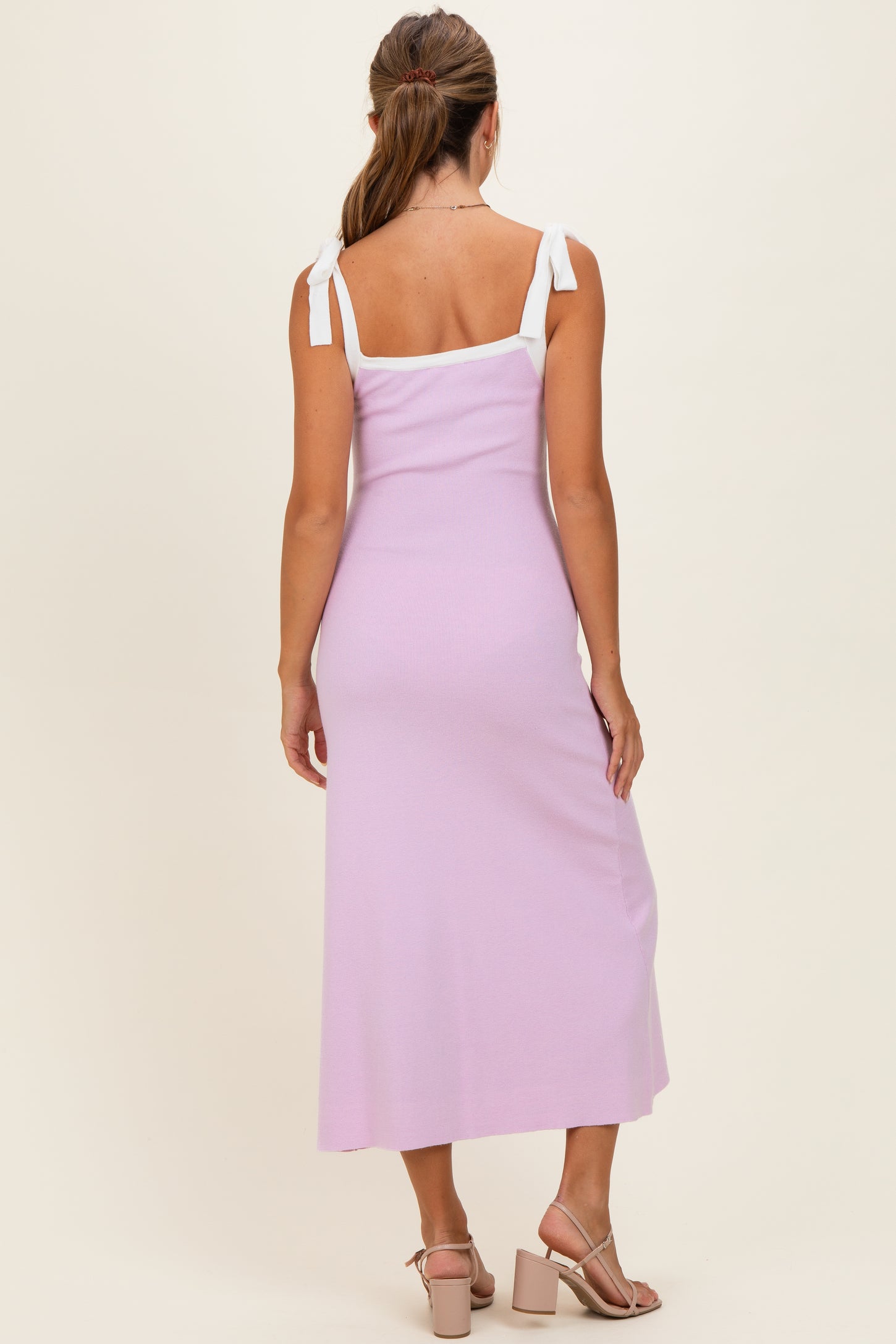 Pink  Knit Contrast Shoulder Tie Dress