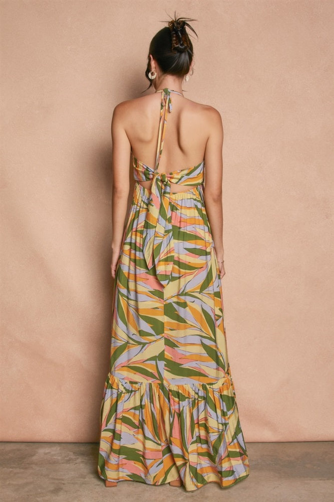 Multicolor Print Halter Cutout Tie Back Maxi Dress