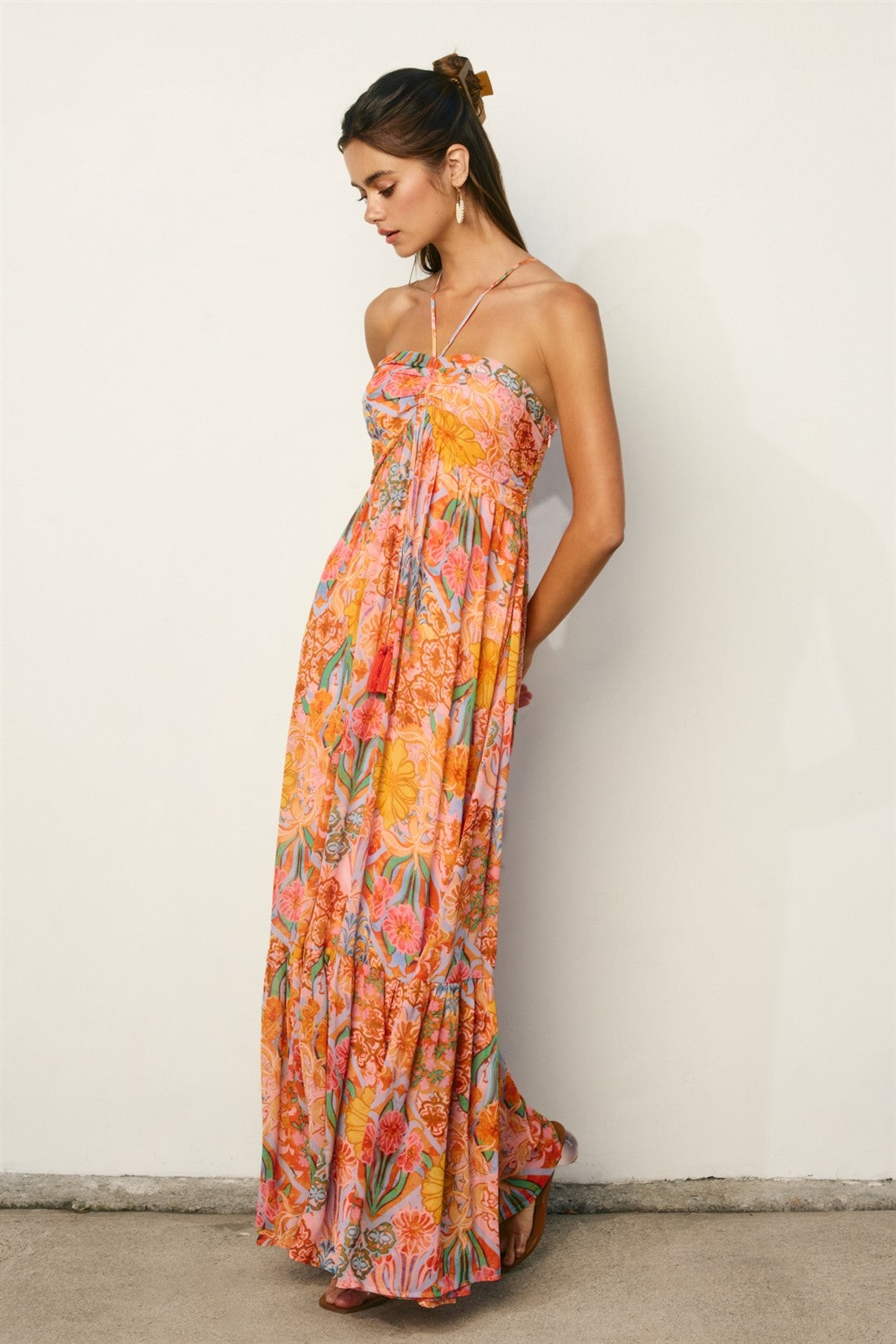 Multicolor Floral Halter Crisscross Back Maxi Dress