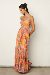 Multicolor Floral Halter Crisscross Back Maxi Dress