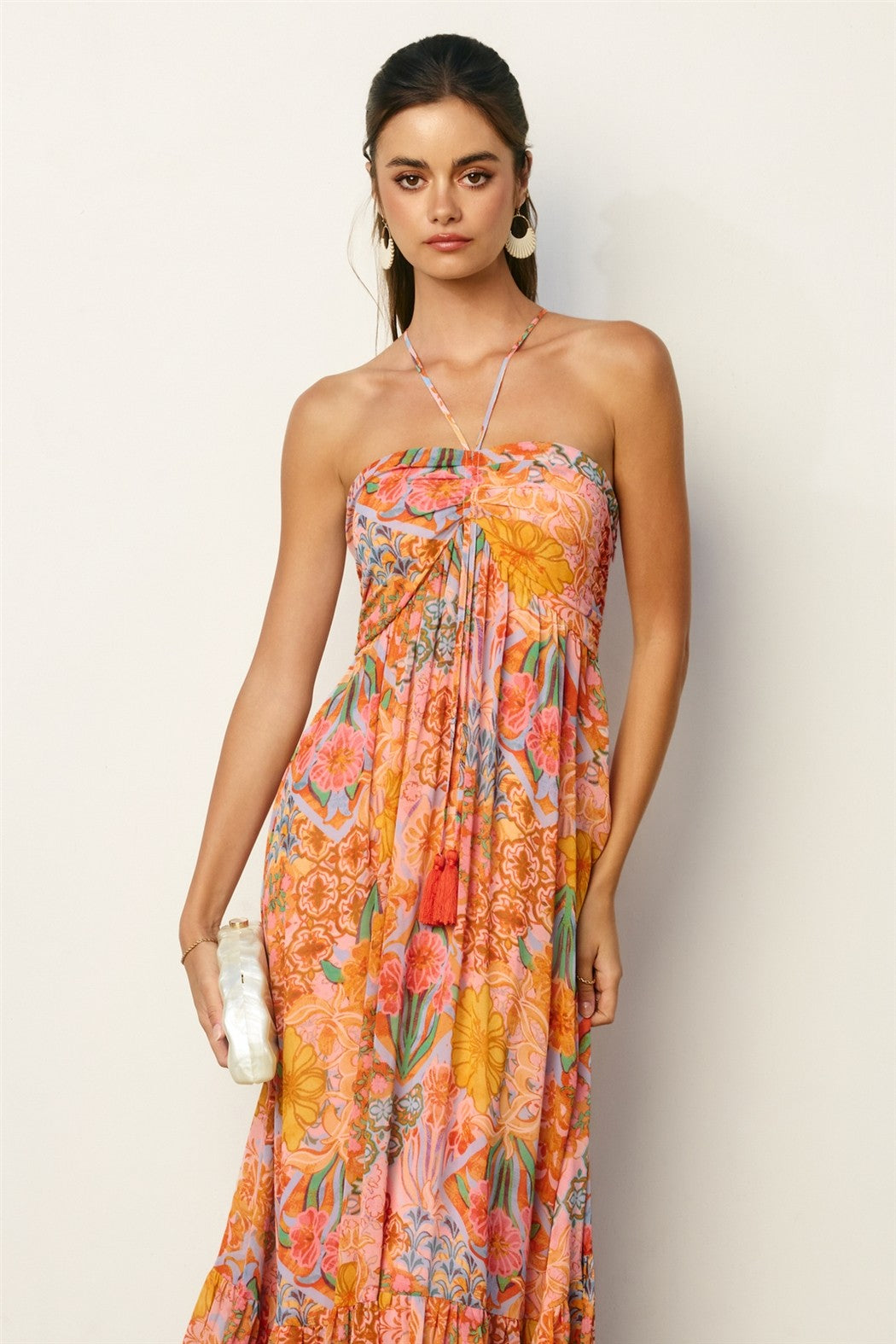 Multicolor Floral Halter Crisscross Back Maxi Dress