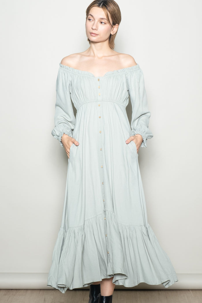 Sage Off Shoulder Button Accent Maternity Maxi Dress
