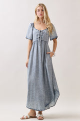Light Blue Chambray Cinched Tie Bust Maternity Maxi Dress