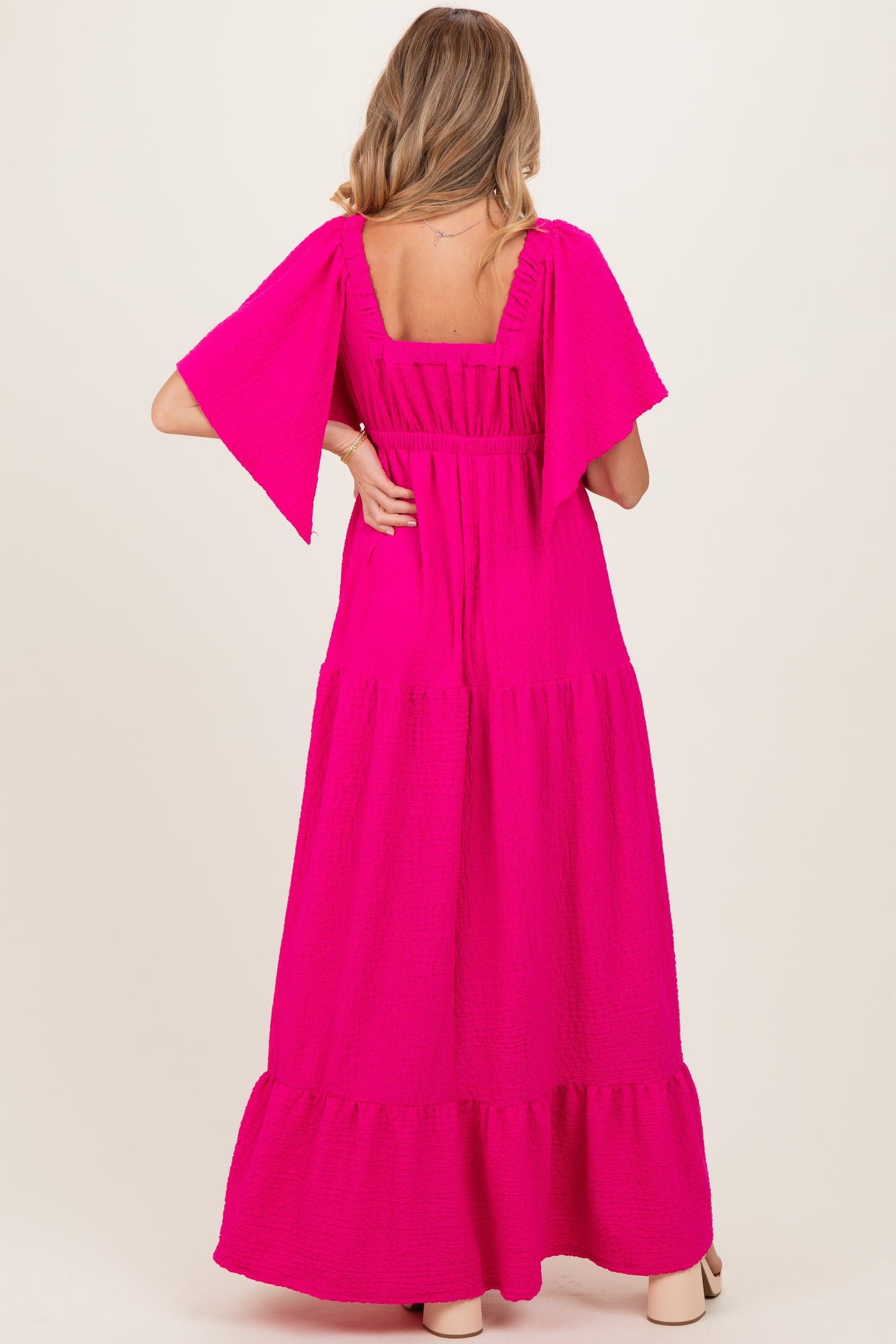 Fuchsia Woven Textured Flutter Sleeve V-Neck Tiered Maternity Maxi Dress