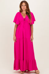 Fuchsia Woven Textured Flutter Sleeve V-Neck Tiered Maternity Maxi Dress