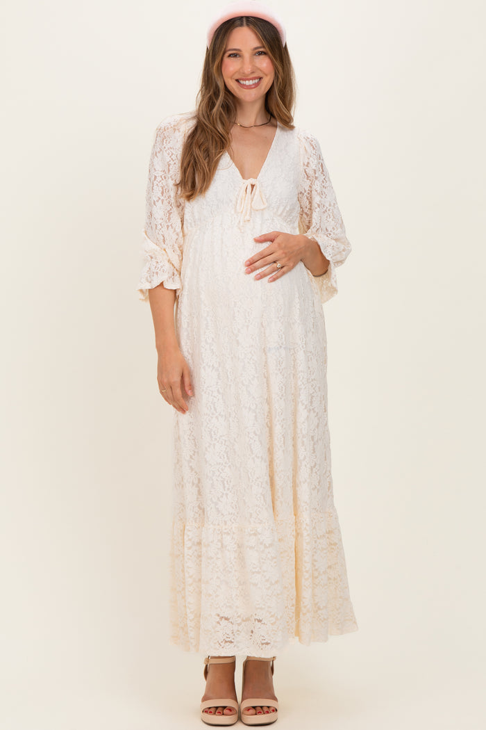 Ivory Floral Lace 3/4 Ruffle Sleeve V-Neck Maternity Maxi Dress