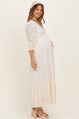 Ivory Floral Lace 3/4 Ruffle Sleeve V-Neck Maternity Maxi Dress