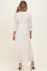 Ivory Floral Lace 3/4 Ruffle Sleeve V-Neck Maternity Maxi Dress