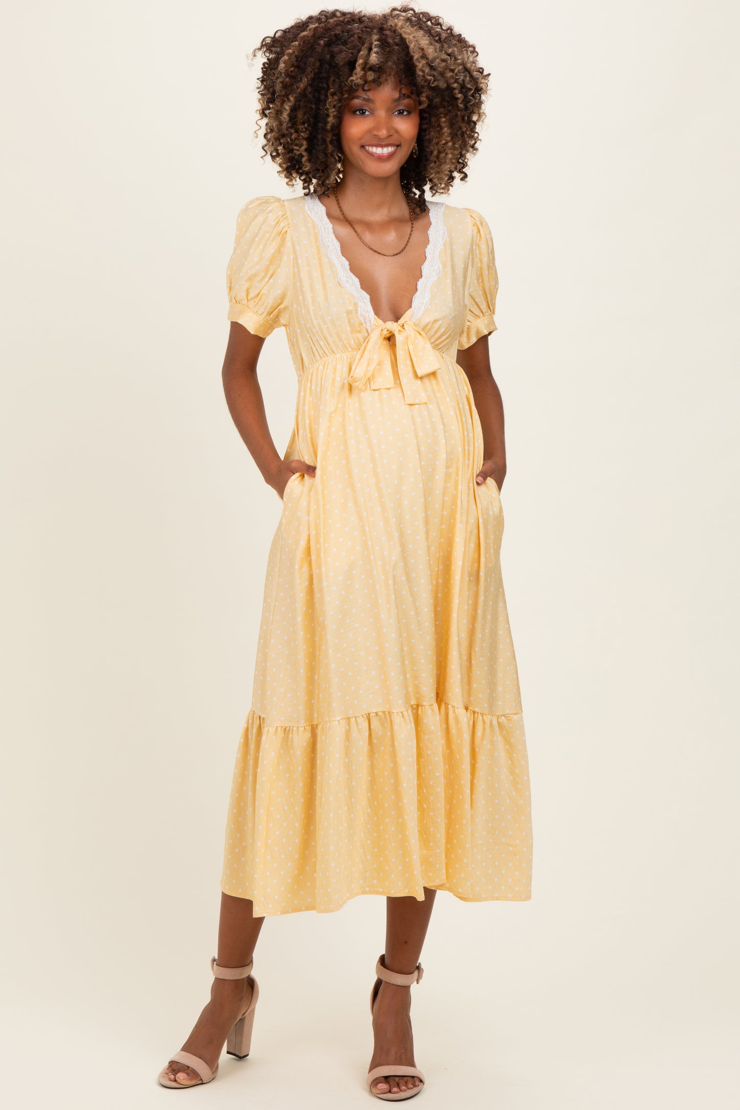 Yellow Polka Dot Short Sleeve Lace V-Neck Ruffle Hem Maternity Maxi Dress