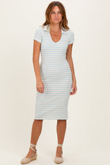 woman wearing a light blue and white striped midi dress with short sleeves and a V-neckline