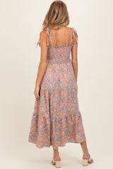 Mauve/ Blue Vintage Floral Sleeveless Tiered Maternity Maxi Dress