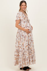 Beige Vintage Floral Short Sleeve V-Neck Tiered Maternity Maxi Dress