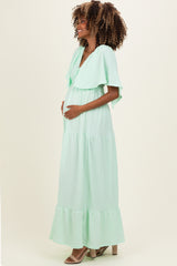 Sage Woven Textured Flutter Sleeve V-Neck Tiered Maternity Maxi Dress