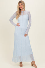 Light Blue Lace Mock Neck Long Sleeve Maternity Maxi Dress