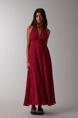 Red Polka Dot Halter Tie Open Back Maxi Dress