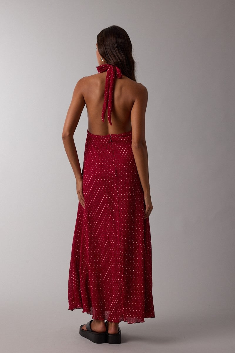 Red Polka Dot Halter Tie Open Back Maxi Dress