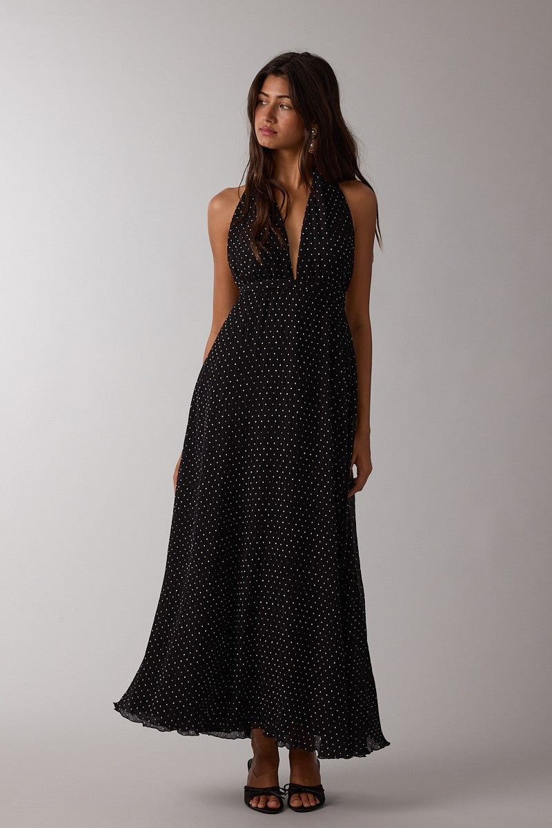 Black Polka Dot Halter Tie Open Back Maxi Dress