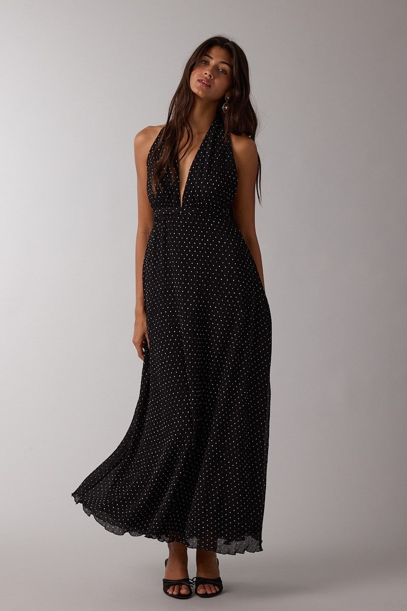 Black Polka Dot Halter Tie Open Back Maxi Dress