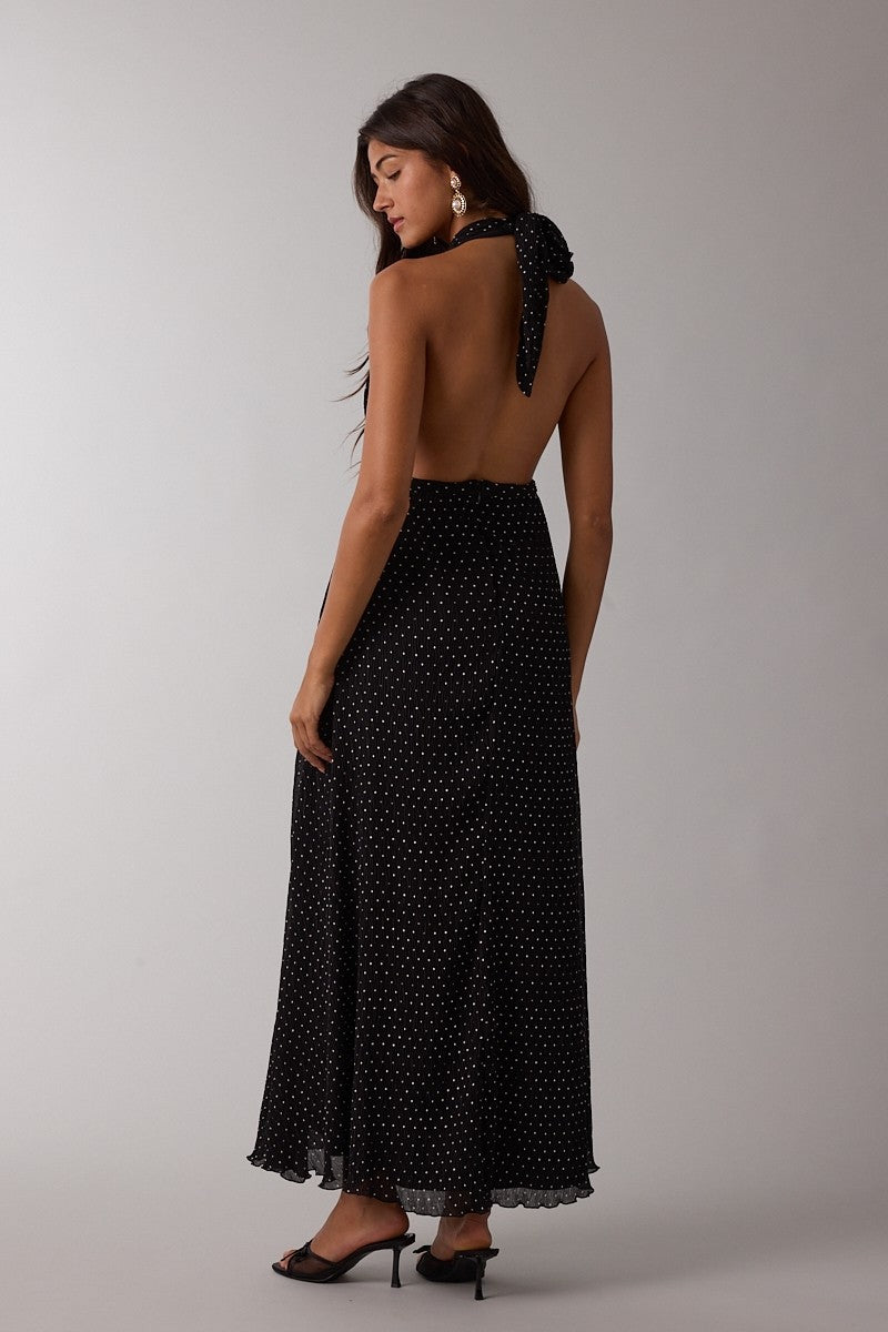 Black Polka Dot Halter Tie Open Back Maxi Dress