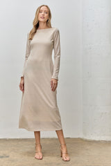 Beige Lace Jacquard Long Sleeve Midi Dress